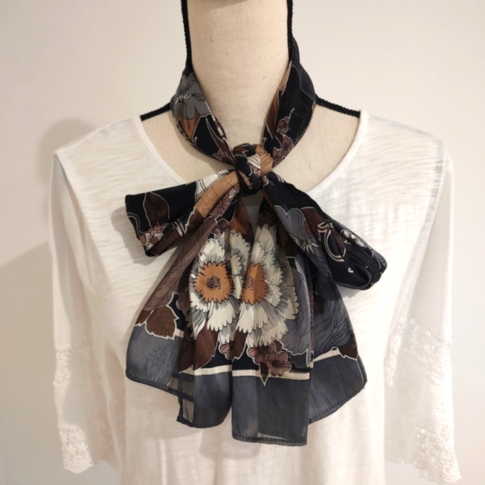 Vintage Floral Satin Style Stole Scarf Black White Gold Approximately 60" Long